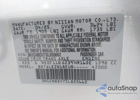 2025 Nissan Versa 1.6 S z USA, uszkodzony, nr VIN 3N1CN8DV7SL855662